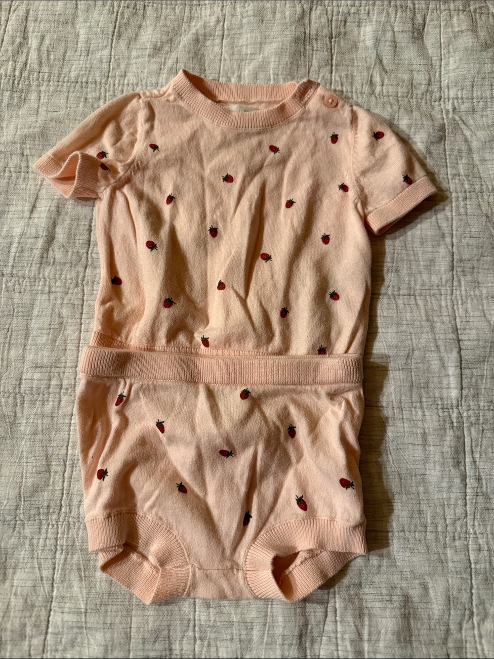 Knit Baby 2 piece in Light Peach with Strawberry Detail